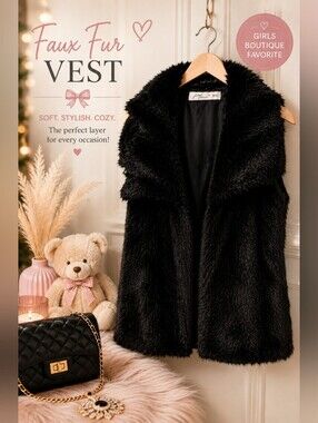 Pinc Premium Kids Black Faux Fur Vest Size Medium Girls